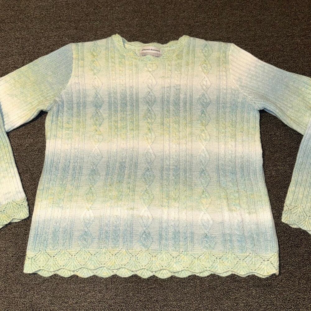Alfred Dunner Sweater Womens PM Blue Green Ombre Cable Knitted‎ Scalloped Hem